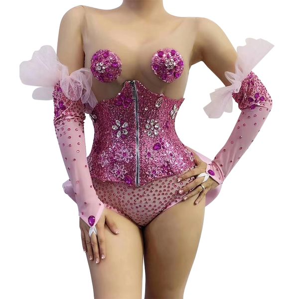 Tute da donna Pagliaccetti Body da festa floreale senza maniche rosa con guanto con cintura in cristallo Niglub Pole Dance Body Stage Outfit Set 230520
