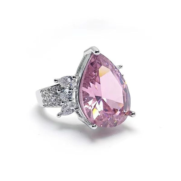 Wassertropfen-Rosa-Diamant-Ring, Damenmode, leichter Luxus, großer Edelstein, Überzug, Weißgold, voller Diamant, offener Ring, Großhandelspreis