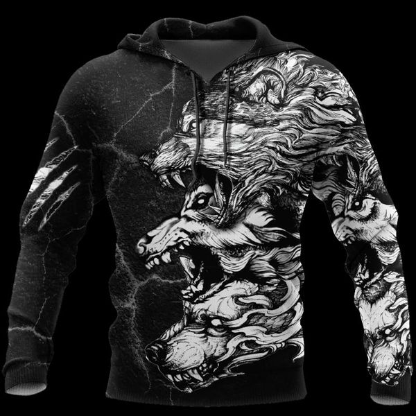 Herren Hoodies Sweatshirts Herren Casual 3D-Druck Double Grey Wolfs Tattoo Man Pullover Damen Kapuze Hip-Hop Jacken Unisex Streetwear
