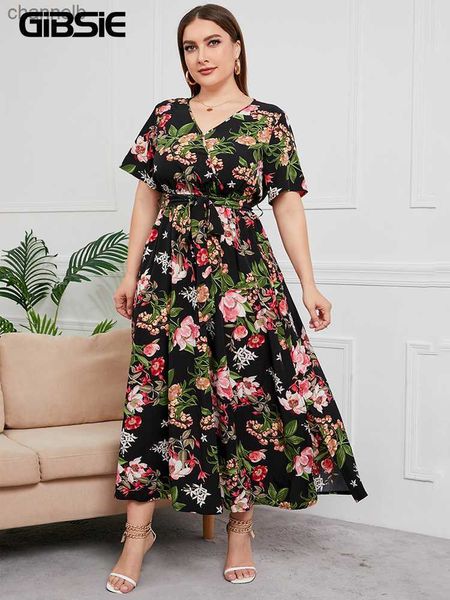 Casual Dresses GIBSIE Plus Size V-Ausschnitt Blumendruck Boho Kleid Frauen Sommer Kurzarm Maxikleider Urlaub A-Linie Damen Kleid mit Gürtel L230520