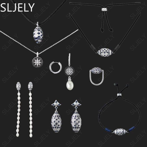 Sets SLJELY Mode S925 Sterling Silber Tribal Muster Blau und Schwarz Oval Anhänger Halskette Armband Perlen Ohrringe für Frauen Männer