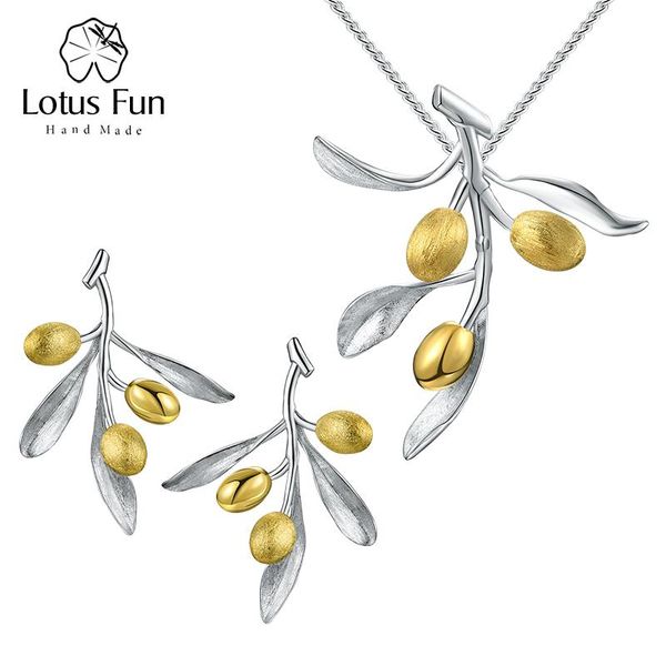 Set Lotus Fun Set di gioielli con rami di foglie di ulivo e frutta con orecchini pendenti Collane con ciondolo per donne Gioielli in argento sterling 925