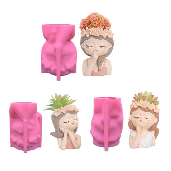 Equipamentos molde de silicone 3d fofo girl flor panela molde diy artesanato artesanato de gesso de gesso Crystal resina epóxi vaso Faça mofo para decoração de casa