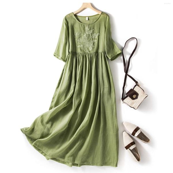 Lässige Kleider Damen Retro-Textur, lockeres besticktes Kleid im langen Stil, große Swing-Ärmel, weniger