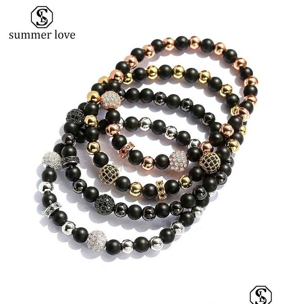 Hochwertiges 6 mm mattschwarzes Naturstein-Strang-Armband für Damen und Herren, elastisches Sier-Gold-Kristall-glänzendes Kupfer-Perlen-Charm-B-Dhers