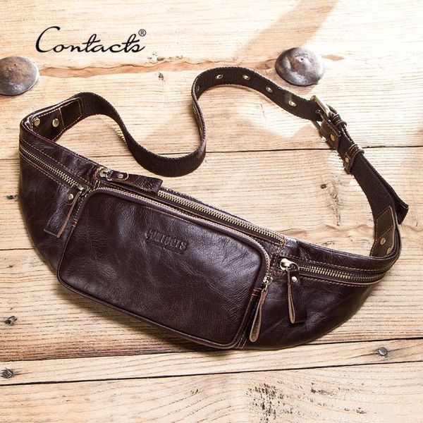 Bolsas de cintura Contato Couro de vaca Homens de cintura Bolsa casual Fanny Pack Pack de cintura masculina para celular e cartões de crédito Bolsa de peito de viagem 230519