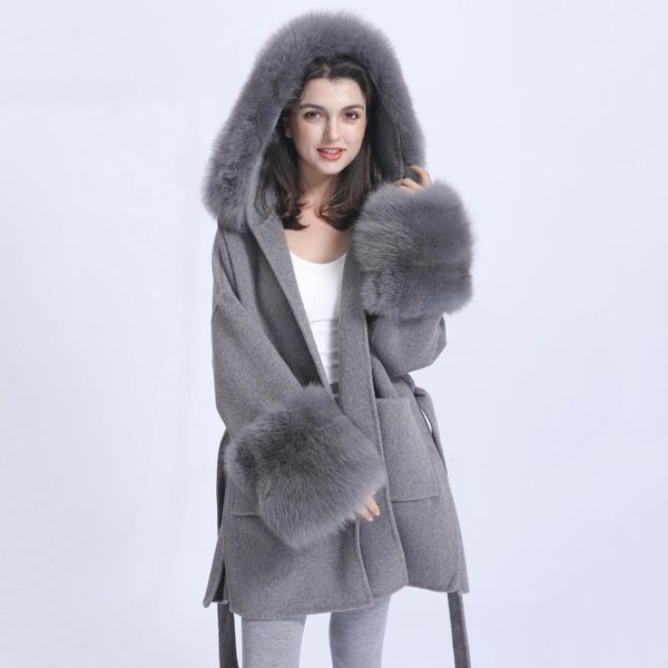 Lana da donna MISSJANEFUR 2023 Cappotto invernale per donna Giacche in cashmere con cappuccio in vera pelliccia Polsino Caldo lusso con cintura Trench lungo