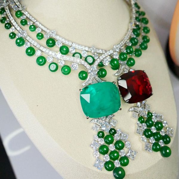 Collane kqdance lusso 33*28mm lab verde smeraldo perle rosse ruby ​​paraiba tormalina diamante girocollo collana orecchini in pietra set di gioielli