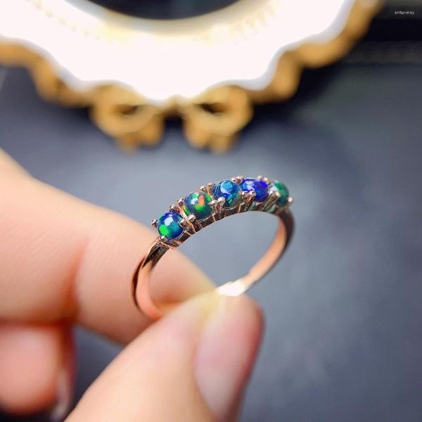 Cluster-Ringe, wunderschöner zierlicher Ring aus 925er Silber, 3 mm, natürlicher schwarzer Feueropal, Verlobungsring für Frauen, Geburtstagsparty-Geschenk