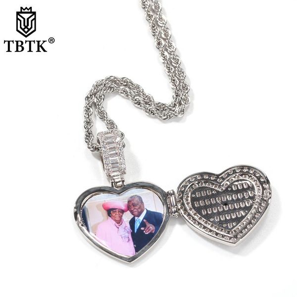 Halsketten TBTK Hiphop-Herzform, individueller Foto-Medaillon-Rahmen-Anhänger, gravierter Name, modischer Erinnerungsschmuck für Paare, Valentinstagsgeschenk