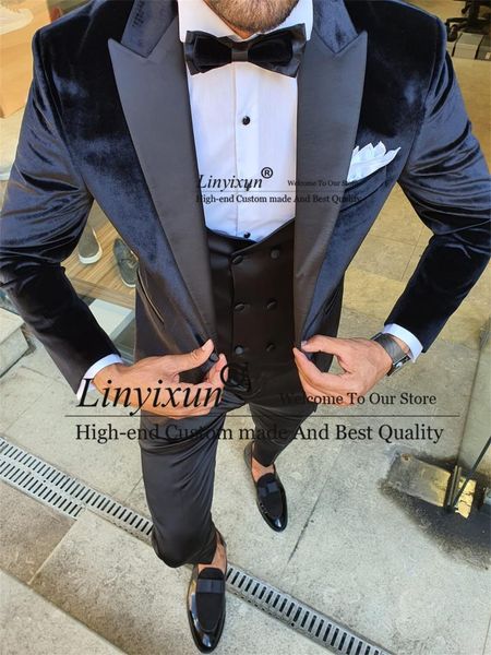 Erkek Suit Blazers lacivert kadife erkek ince fit düğün damat smokin moda erkek balo Blazer 3 adet ceket yelek pantolon set kostüm h