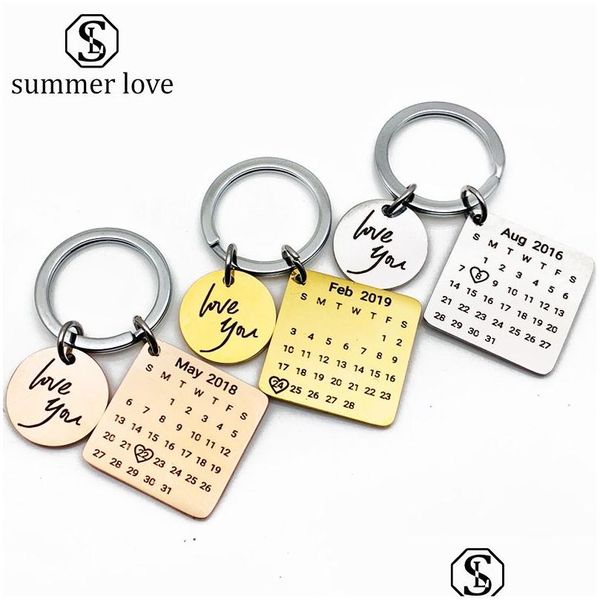 Charms Calendario personalizzato Portachiavi Gioielli personalizzati Portachiavi in acciaio inossidabile Data incisa Compleanno per ragazze Amanti Amici Anniv Dhtpk