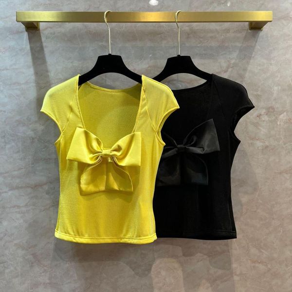 Magliette da donna Design di fascia alta Sense Bow Vest Top da donna sexy a maniche corte giallo nero taglio basso