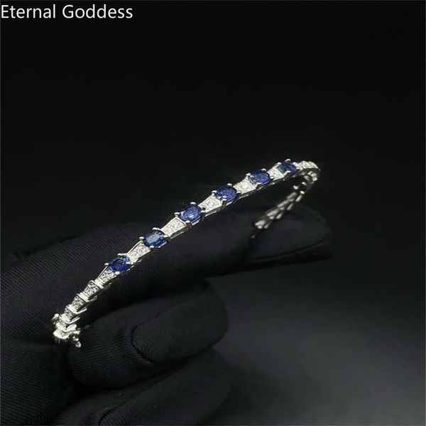 Bangle 2022 nova chegada de alta qualidade jóias de luxo 925 prata esterlina oval corte azul safira pedras preciosas naturais feminino pulseira presente