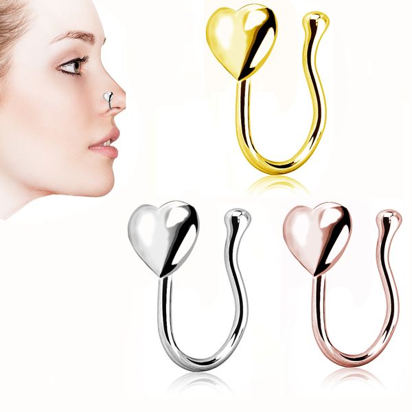 Naso Clip Anelli Borchie Cerchi per le donne Non-Piercing Body Jewlery Love Heart U Shape Acciaio inossidabile Argento Colore oro rosa Commercio all'ingrosso 2023 Nuovo