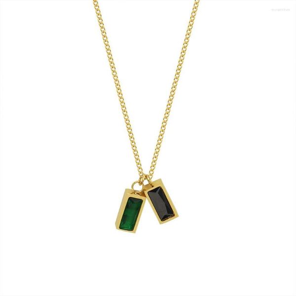 Collane con ciondolo Collana rettangolare in acciaio inossidabile color oro vintage verde nero con zirconi cubici per gioielli resistenti all'acqua per ragazze da donna