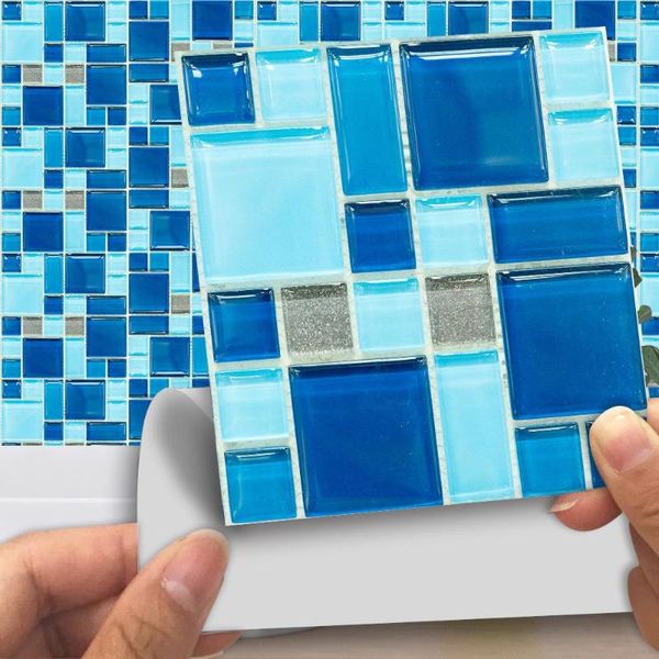 Wandaufkleber, harter blauer Mosaik-Fliesenaufkleber, Küche, Badezimmer, diagonale Linie, abblätternd und verschleißfest, glänzend