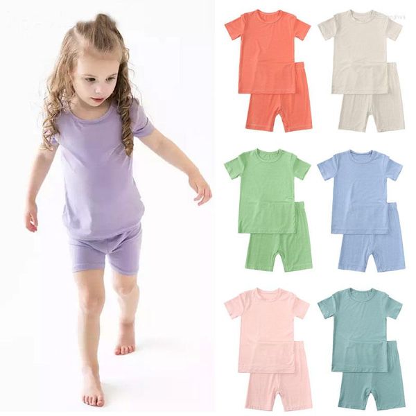 Roupas de roupas crianças meninos meninas meninas sólidas pijamas de fibra de bambu sólidas