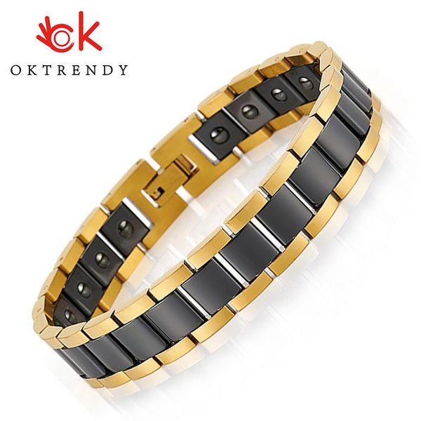 Pulseiras Oktrendy Homem Cerâmica Germânio Terapia Pulseira com Ímã Saudável Corrente de Mão Masculino Jóias Bio Energy Gold Plate Bangle