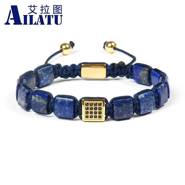 Armreif Ailatu Großhandel 10 Stück/Los 8 x 8 mm natürliche Lapislazuli-Steinperlen mit schwarzem CZ-Quadrat-Makramee-Armband-Armband für coole Männer