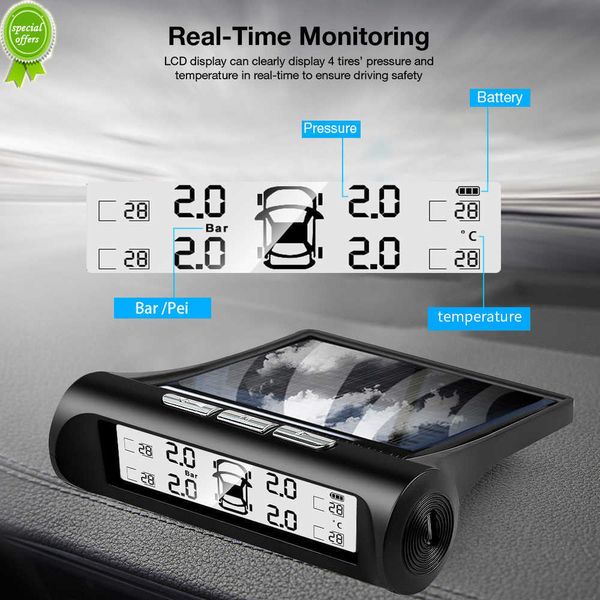 Neue Solar Power TPMS Reifendruck Alarm Digital Display Mit 4 Externe Sensoren Auto Auto Tester Warnung Druck Überwachung System