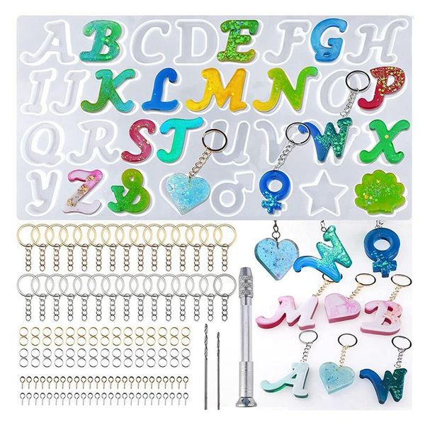 Keychains 144Pieces Silicone Letter Resina Kit Fancy Decoração epóxi Chaves de fundição Fazendo o conjunto