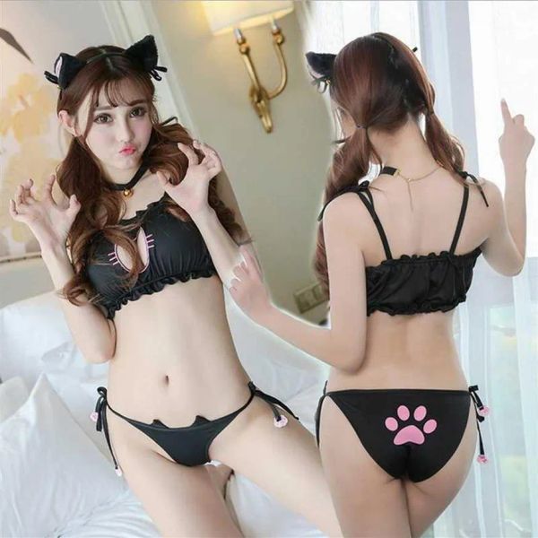 DANNSKARL Nuovo Arrivo Cosplay Neko Cat Buco Della Serratura Reggiseno Slip Collare Set Lingerie Biancheria Intima Campana Girocollo Top Mutandine Gatto s ear1179S