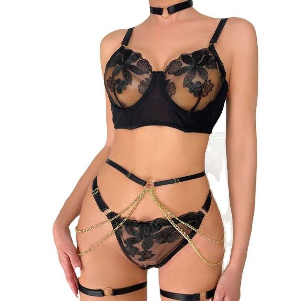 Calcinha de sutiã de biquíni air mulheres novas sexy com cintura baixa2023 roupas íntimas da noite suja com gargantilha e anel de perna 5pcs bordados femininos