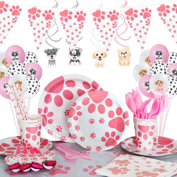 Stoviglie usa e getta Dog Paw Pink Series Forniture per feste di compleanno Cute Girl Decoration Cup Paper Plate Gift Bag Holiday Z0520