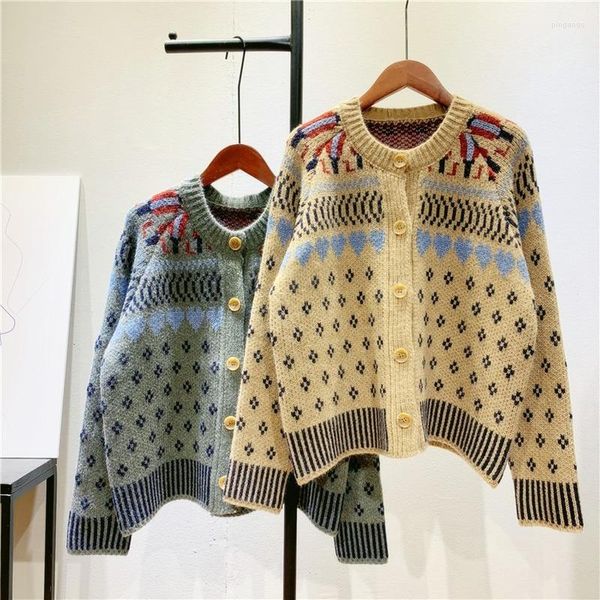 Malhas femininas vintage jacquard maconha cardigan women 2023 Jaqueta de suéter de outono para meninas estudantes coreanos moda knit outwear