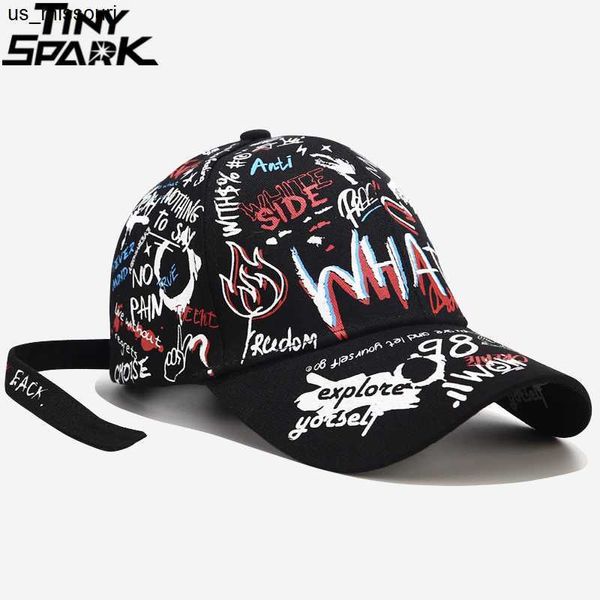 Ball Caps Uomo Hip Hop Cap Graffiti Print Stile giapponese Harajuku Streetwear Berretti da baseball Snapback Papà Caps Donna Cappello aderente Nero Bianco J230520