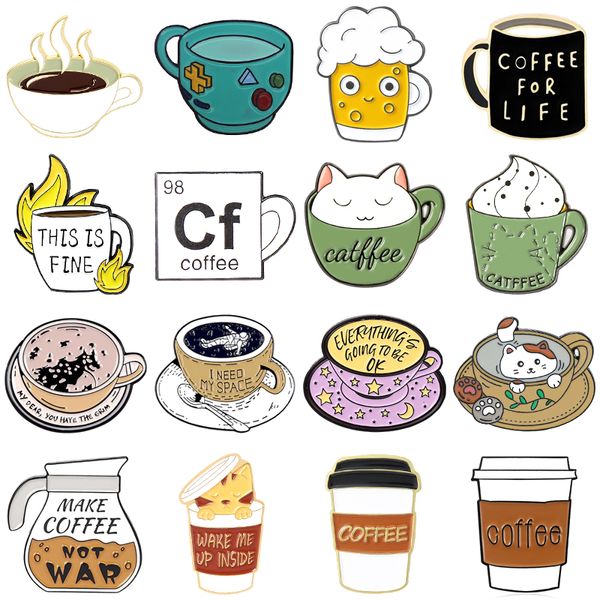 Creative Animal Cat Coffee Cup Pins de esmalte de garrafa de cafeter