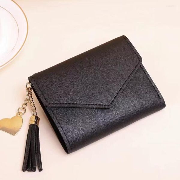 Cüzdan siyah cüzdan kısa el trend 2023 kalp şeklindeki kolye basit moda çok fonksiyonlu lychee desen kadın çantası