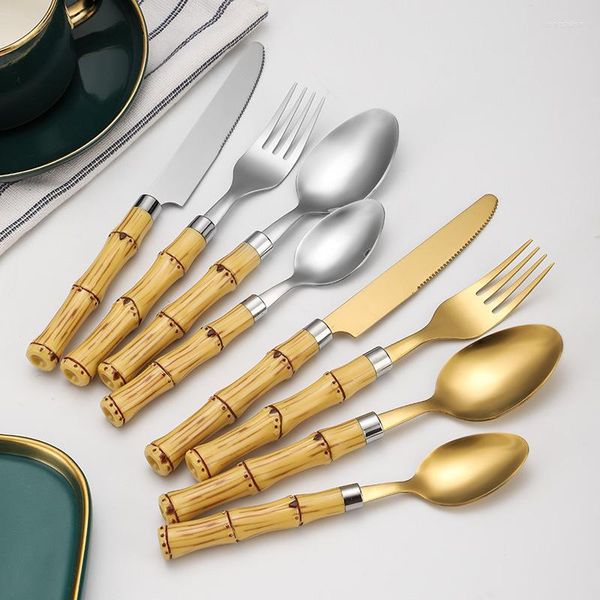 Geschirr Sets Dicke Edelstahl Besteck Bambus Stick Griff Western Steak Gabel Löffel Messer Set Mit Geschenk Box Golden