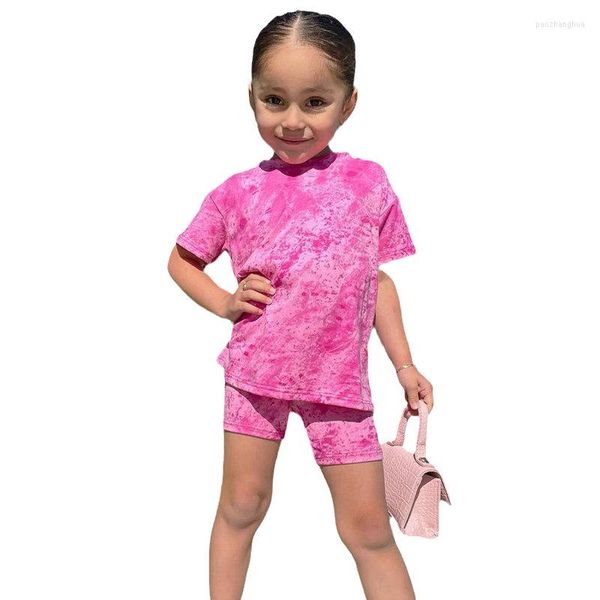 Roupas conjuntos de 1 a 8 anos de verão de verão para meninas de manga curta tampa rosa tampa de camisa de camisa de calça infantil roupas casuais