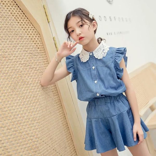 Kleidung Sets Mädchen Denim Anzug 2023 Sommer Baby Kurzarm Bluse Shorts 2 PC Set Kinder Widleg Hosen Kinder Outfits 230519