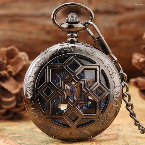 Pocket Watches Hollow Octagon Flower Vintage Black Mechanical Hand Winding Watch masculino de algarismos romanos elegantes Disque o relógio retrô