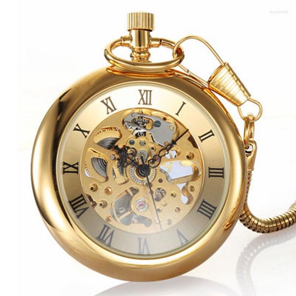 Relojes de bolsillo, reloj mecánico de esqueleto dorado de lujo, números romanos, cadena FOB de cuerda manual antigua, regalos dorados para hombres y mujeres