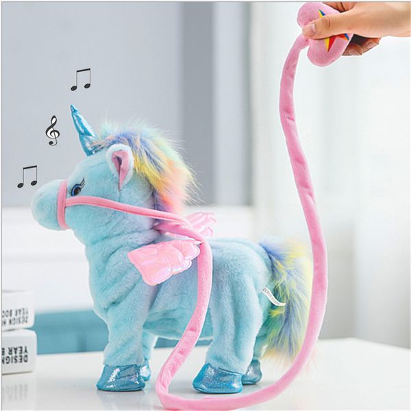 Bambole di peluche 35 cm Unicorno elettrico a piedi Giocattolo divertente Parlare Cantare Musica Farcito per bambini Regalo per bambini 230520