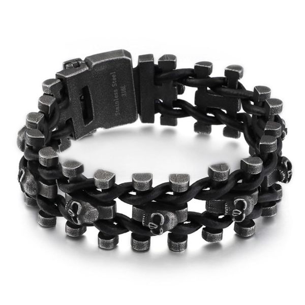 Armreif Retro Schwarz Edelstahl Schädel Herren Armband Für Männer Punk Rock Biker Kette Leder Skelett Armbänder Hiphop Schmuck