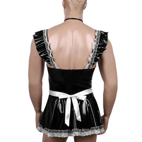 Herren Halloween Cosplay Kostüm Erotik Französisch Dienstmädchen Uniformen Männlich Sissy Roleplay Spitzenbesatz Babydoll Minikleid mit Schürze Neckwear300P