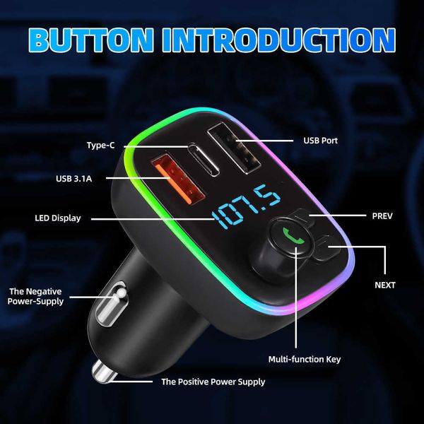 Caricatore per auto Bluetooth 5.0 per auto Trasmettitore Fm Presa accendisigari Pd 18w Tipo-c Dual Usb 4.2a Lettore Mp3 con luce ambientale colorata