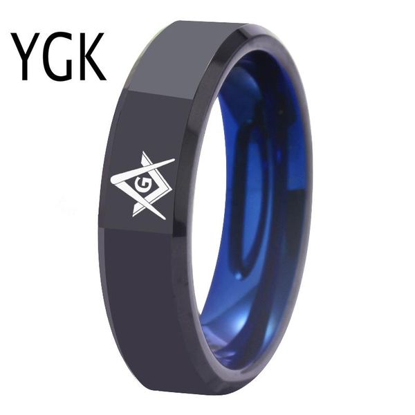 Кольца YGK Свадебные украшения для влюбленных шириной 4 мм/6 мм, мужские черные с синим вольфрамовым кольцом, масонское кольцо, ювелирные изделия Mason, бесплатная гравировка