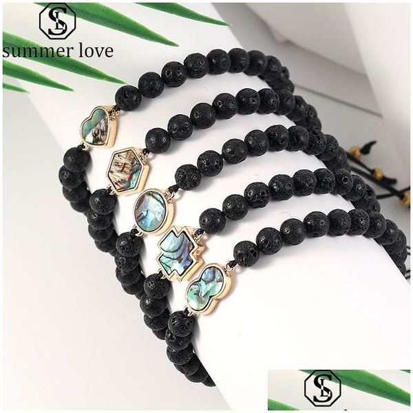 Braccialetti di fili di pietra lavica naturale di alta qualità con perline Braccialetti di conchiglia di conchiglia di conchiglia Croce cuore rotondo Charm Bracciale intrecciato fatto a mano Moda ebreo Dh5Z9