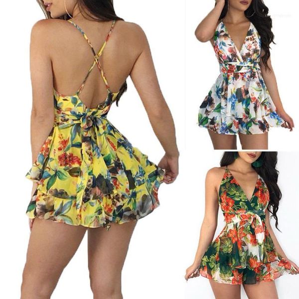 Tute da donna Pagliaccetti 2023 Donna Summer Floral Halter Beach Tuta Clubwear Bodycon Backless Playsuit Pagliaccetto Pantaloni corti Trouser1