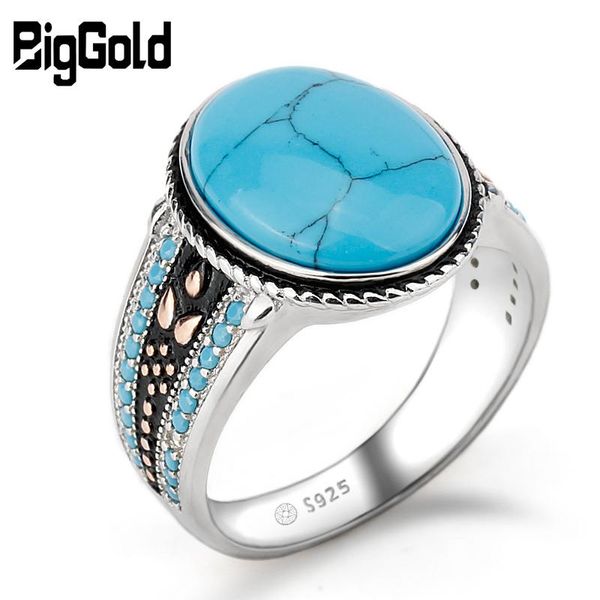 Ringe Männer Ring mit Türkis Vintage 925 Sterling Silber Oval Himmelblau Stein Lebensspur Bedeutung Männliche Frauen Ring Schmuck Geschenk