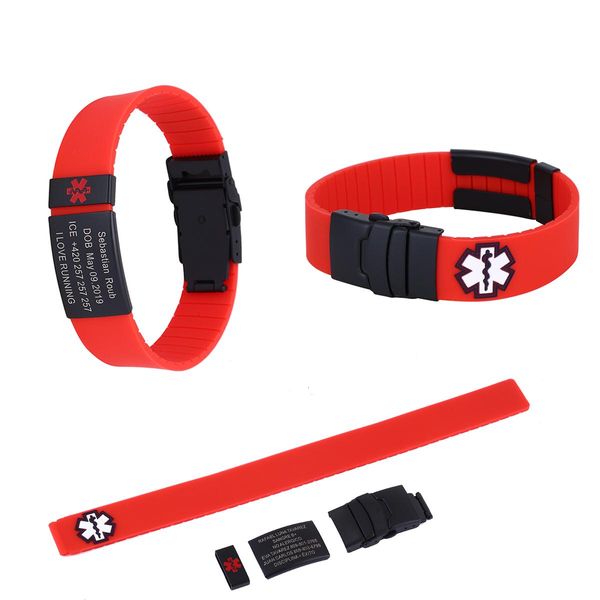 Pulseiras personalizadas de identificação médica, aço inoxidável, silicone personalizado, esporte, alerta médico, pulseiras para homens e mulheres, joias