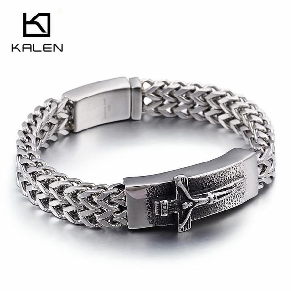 Bangle Kalen Clássico Cristão Jesus Cruz Charme Pulseiras Na Mão Para Homens Malha De Aço Inoxidável Elo De Corrente Armband Oração Jóias