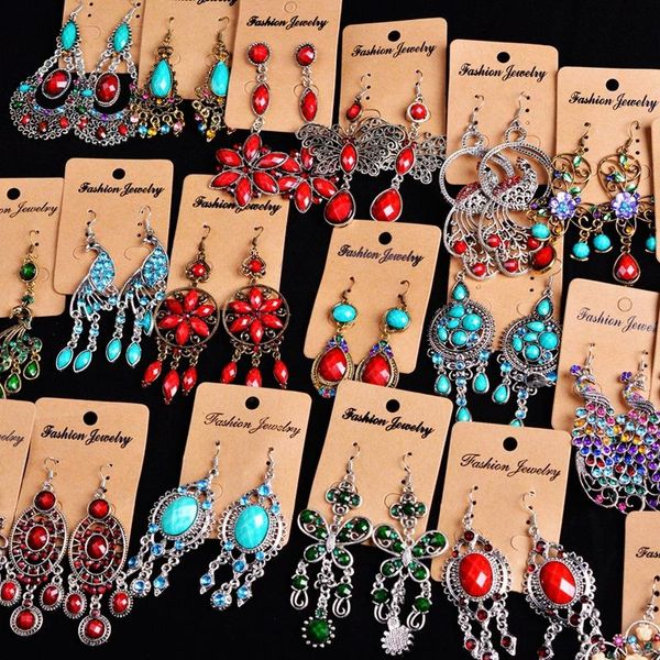 Knot 12PAIR/LOT Vintage Bohemian Rhinestone Püskül Küpe Kadınlar için Antik Gümüş Etnik Uzun Gözyaşı Cazibesi Partisi Mücevher Hediyesi