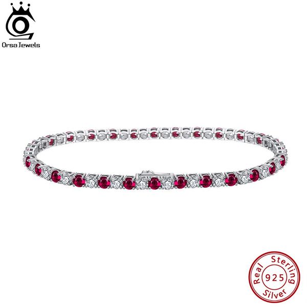 Bangle Orsa Jewels Pulseira de tênis 925 prata esterlina 3.0mm claro rubi zircônia cúbica moda feminina pulseira de corrente jóias sb138